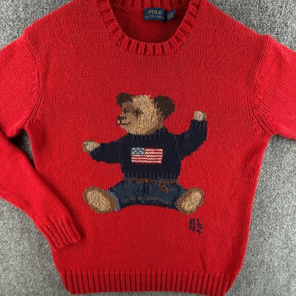 Polo Ralph Lauren Bear Sweater XS Crew RL 92 USA Patriot Graphic Cotton Linen - Picture 1 of 16